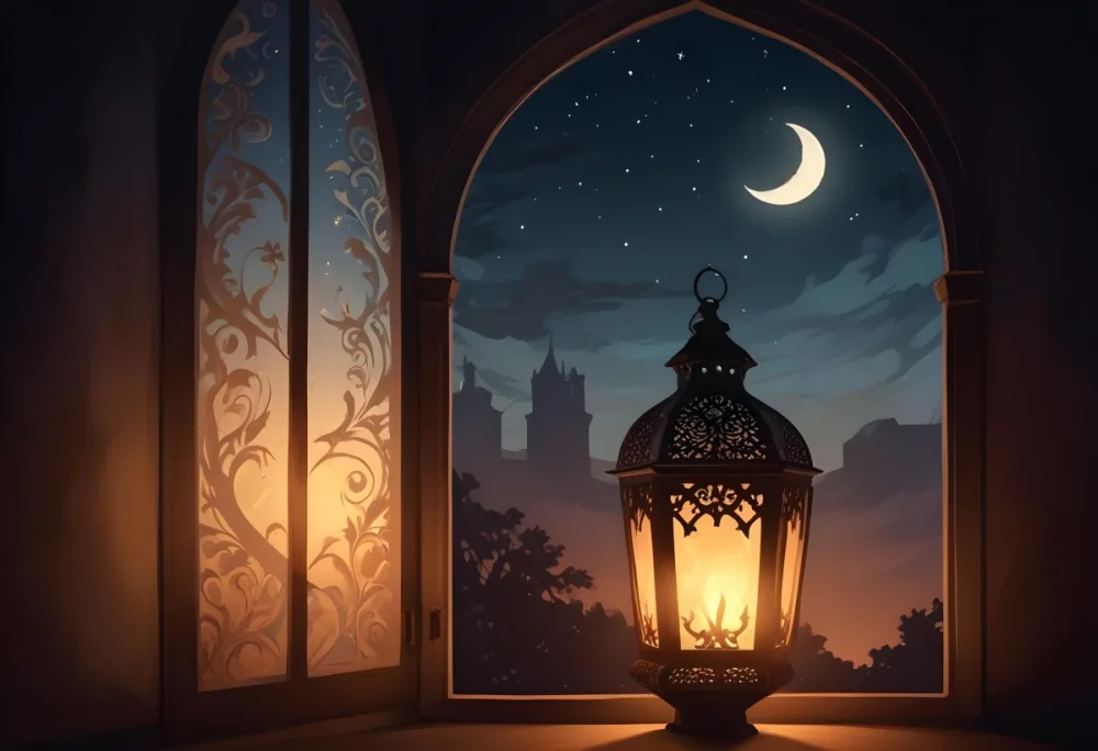 Digital Painting A Decorative Lantern With Intricate Designs Casting A Warm Glow Set Against A Backdrop Of A Crescent Moon In A Dark Sky Seen Through An Arched Window Bold And Slim Lines Brush Strokes 6 D3fd