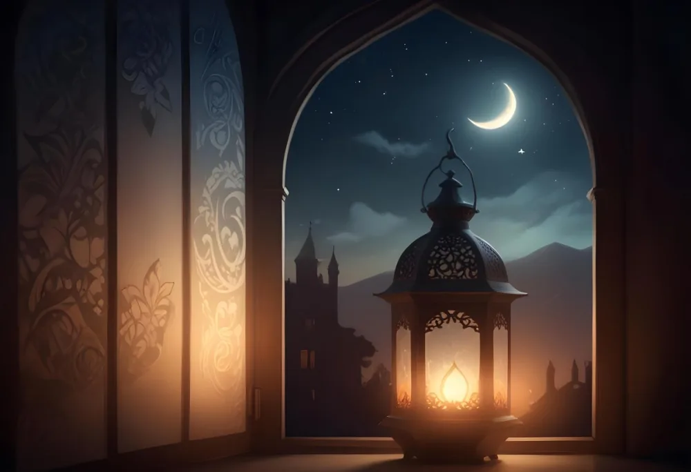 Digital Painting A Decorative Lantern With Intricate Designs Casting A Warm Glow Set Against A Backdrop Of A Crescent Moon In A Dark Sky Seen Through An Arched Window Bold And Slim Lines Brush Strokes 7 F565