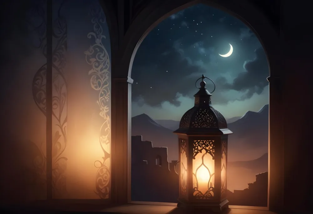 Digital Painting A Decorative Lantern With Intricate Designs Casting A Warm Glow Set Against A Backdrop Of A Crescent Moon In A Dark Sky Seen Through An Arched Window Bold And Slim Lines Brush Strokes 8 5b6b