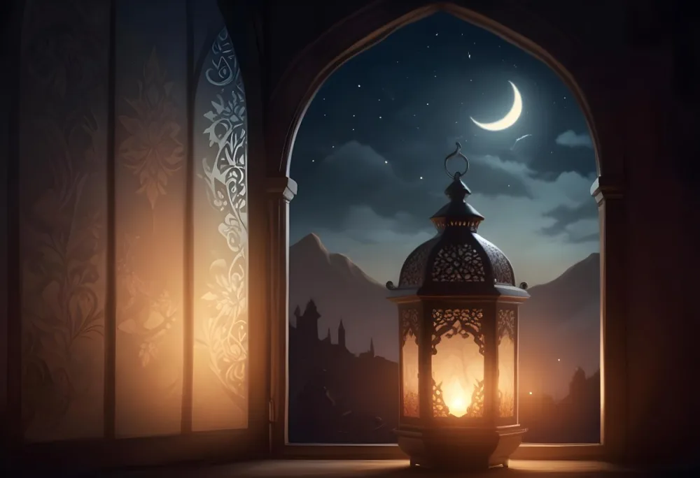 Digital Painting A Decorative Lantern With Intricate Designs Casting A Warm Glow Set Against A Backdrop Of A Crescent Moon In A Dark Sky Seen Through An Arched Window Bold And Slim Lines Brush Strokes 9 Fa60