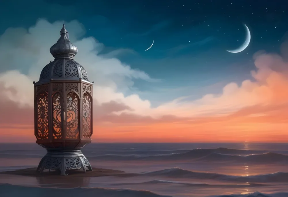 Digital Painting A Highly Detailed Ornate Metal Lantern With Intricate Carvings Set Against A Backdrop Of A Twilight Sky With A Crescent Moon Over The Ocean Bold And Slim Lines Brush Strokes 1 5db7