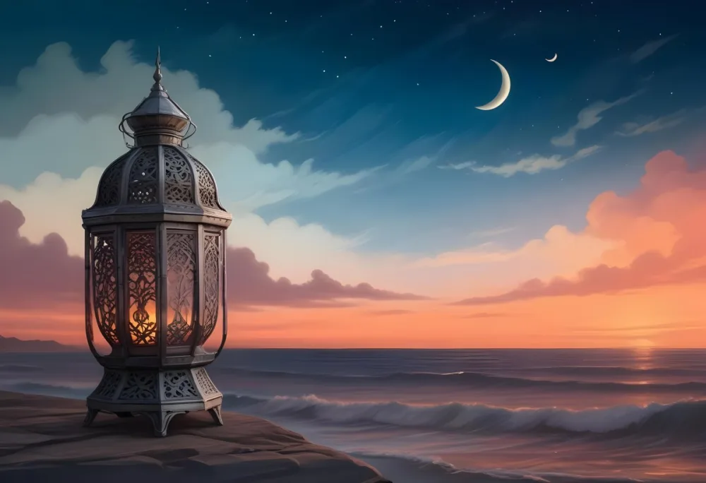 Digital Painting A Highly Detailed Ornate Metal Lantern With Intricate Carvings Set Against A Backdrop Of A Twilight Sky With A Crescent Moon Over The Ocean Bold And Slim Lines Brush Strokes 13 Dea3