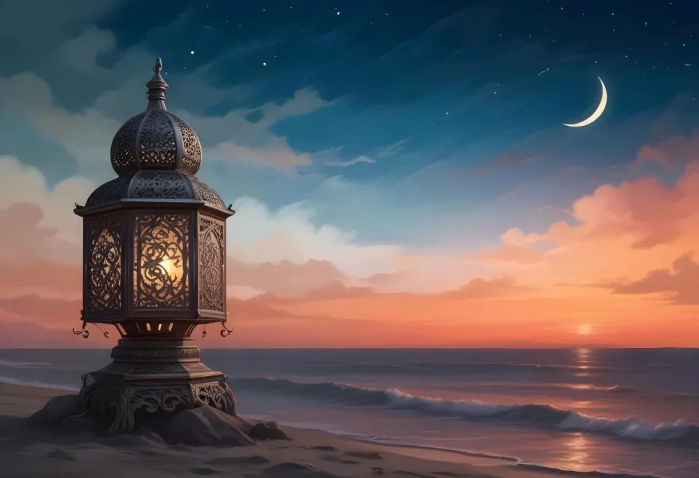 Digital Painting A Highly Detailed Ornate Metal Lantern With Intricate Carvings Set Against A Backdrop Of A Twilight Sky With A Crescent Moon Over The Ocean Bold And Slim Lines Brush Strokes 15 45f2