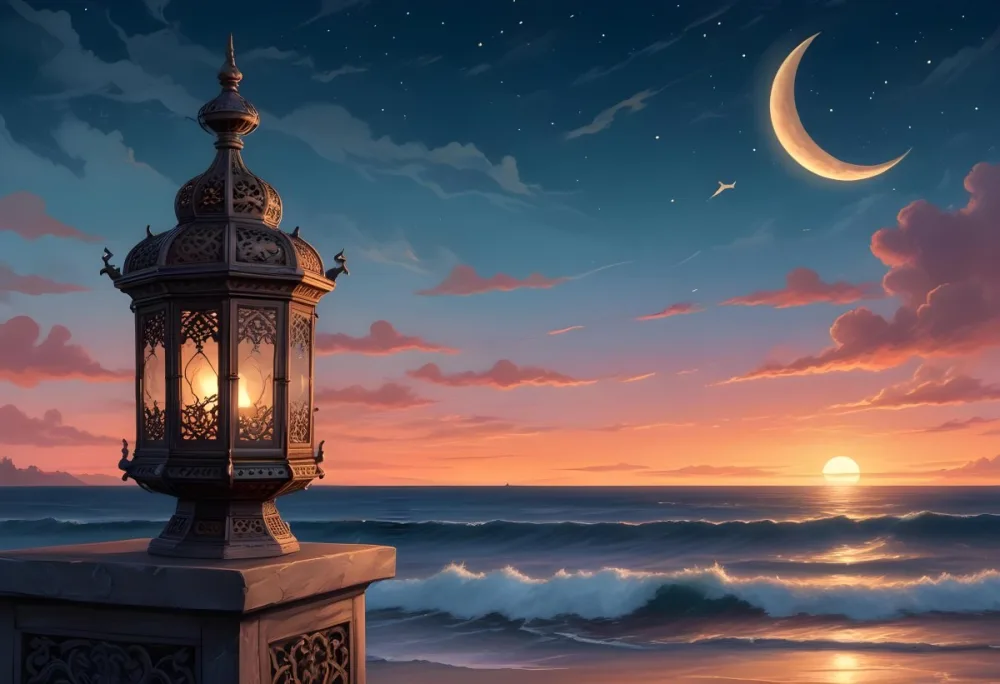 Digital Painting A Highly Detailed Ornate Metal Lantern With Intricate Carvings Set Against A Backdrop Of A Twilight Sky With A Crescent Moon Over The Ocean Bold And Slim Lines Brush Strokes 19 8cfc