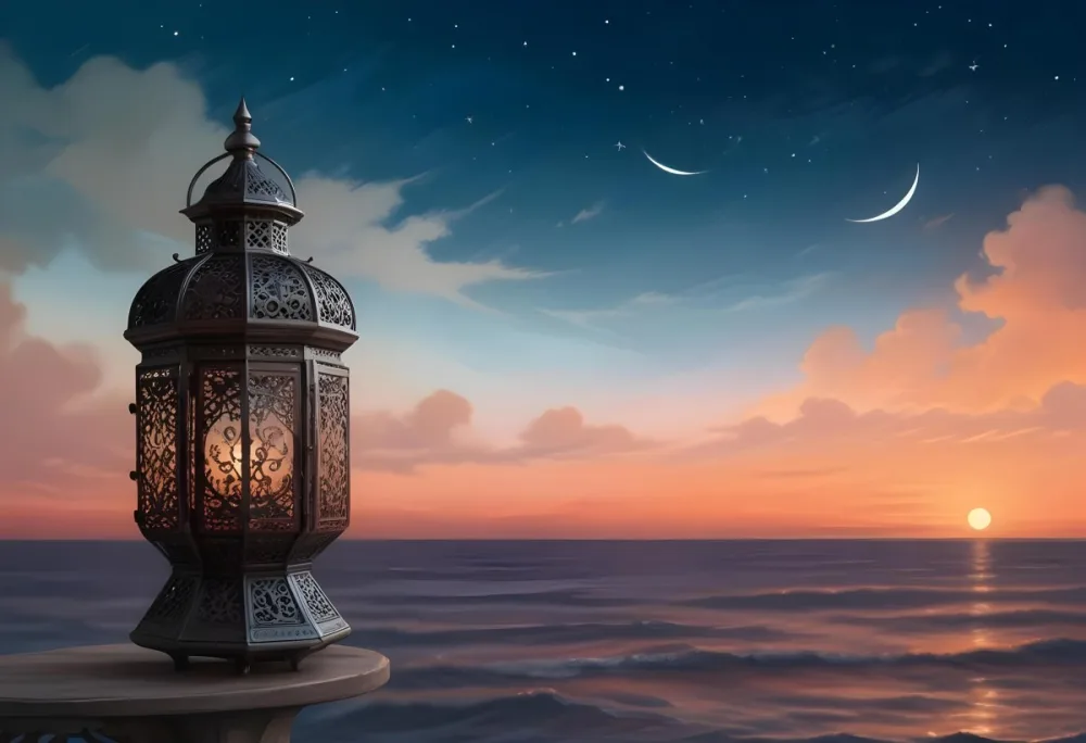Digital Painting A Highly Detailed Ornate Metal Lantern With Intricate Carvings Set Against A Backdrop Of A Twilight Sky With A Crescent Moon Over The Ocean Bold And Slim Lines Brush Strokes 23 Bca0