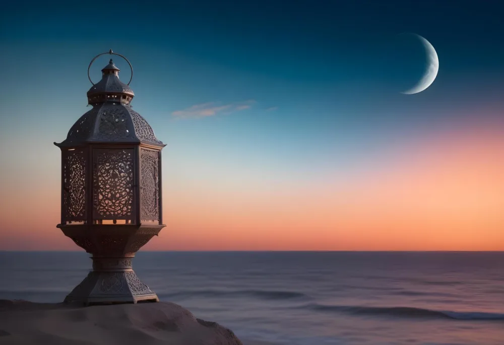 Digital Painting A Highly Detailed Ornate Metal Lantern With Intricate Carvings Set Against A Backdrop Of A Twilight Sky With A Crescent Moon Over The Ocean Bold And Slim Lines Brush Strokes 24 3b47