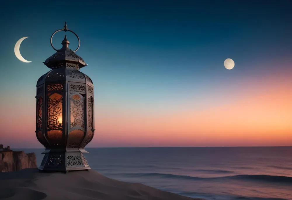 Digital Painting A Highly Detailed Ornate Metal Lantern With Intricate Carvings Set Against A Backdrop Of A Twilight Sky With A Crescent Moon Over The Ocean Bold And Slim Lines Brush Strokes 26 1fd5