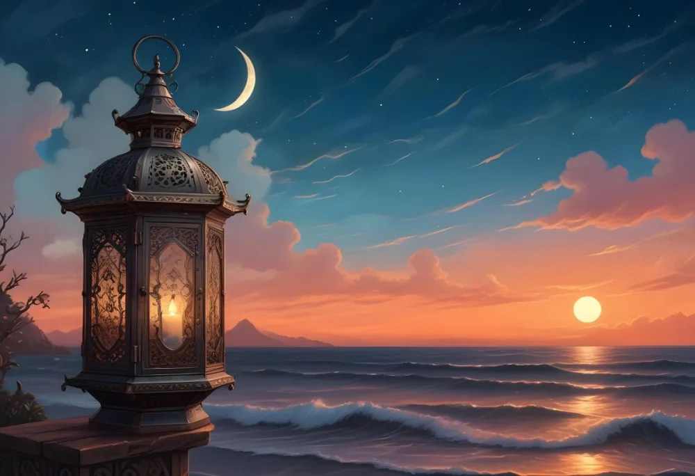 Digital Painting A Highly Detailed Ornate Metal Lantern With Intricate Carvings Set Against A Backdrop Of A Twilight Sky With A Crescent Moon Over The Ocean Bold And Slim Lines Brush Strokes 27 E42d