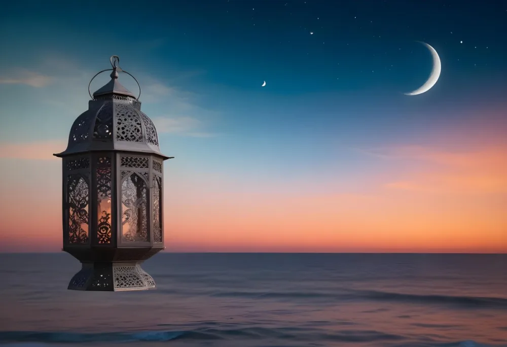 Digital Painting A Highly Detailed Ornate Metal Lantern With Intricate Carvings Set Against A Backdrop Of A Twilight Sky With A Crescent Moon Over The Ocean Bold And Slim Lines Brush Strokes 28 4970