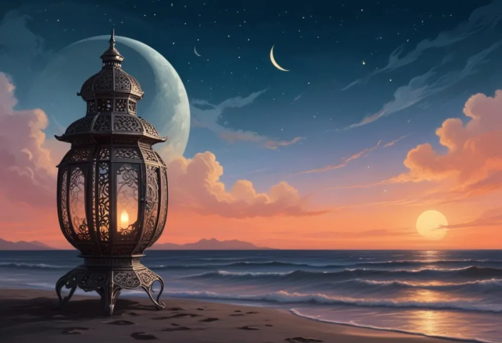 Digital Painting A Highly Detailed Ornate Metal Lantern With Intricate Carvings Set Against A Backdrop Of A Twilight Sky With A Crescent Moon Over The Ocean Bold And Slim Lines Brush Strokes 29 68f8