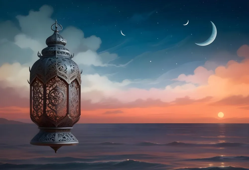 Digital Painting A Highly Detailed Ornate Metal Lantern With Intricate Carvings Set Against A Backdrop Of A Twilight Sky With A Crescent Moon Over The Ocean Bold And Slim Lines Brush Strokes 3 7c2d