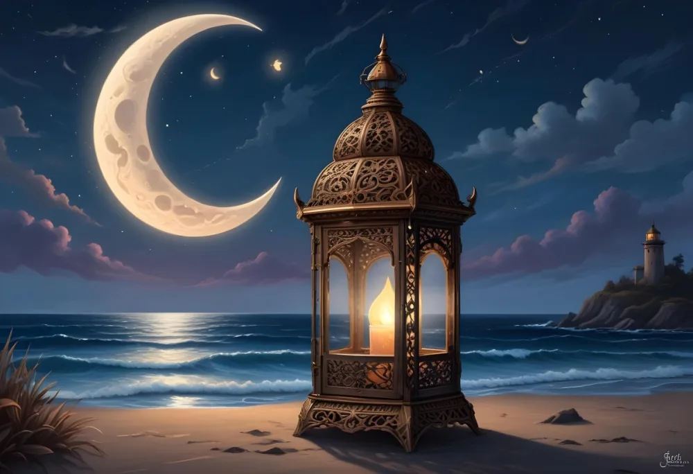 Digital Painting A Highly Detailed Ornate Metal Lantern With Intricate Carvings Set Against A Backdrop Of A Twilight Sky With A Crescent Moon Over The Ocean Bold And Slim Lines Brush Strokes 31 F0dc