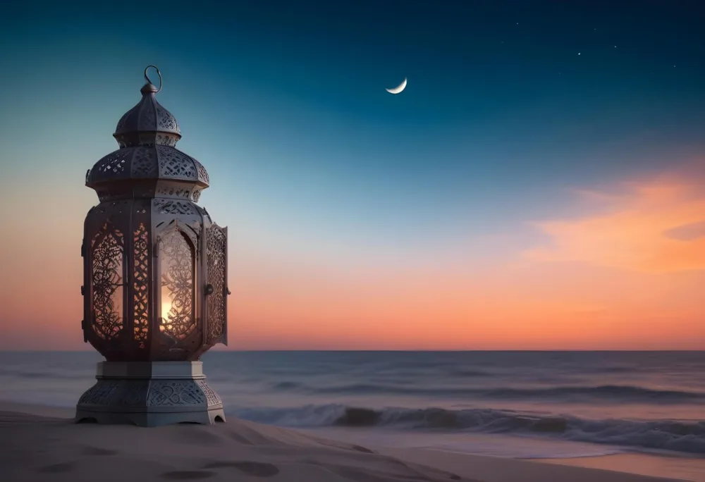 Digital Painting A Highly Detailed Ornate Metal Lantern With Intricate Carvings Set Against A Backdrop Of A Twilight Sky With A Crescent Moon Over The Ocean Bold And Slim Lines Brush Strokes 4 5516