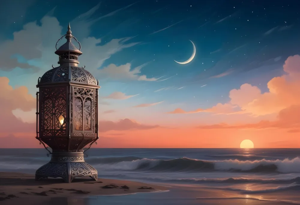 Digital Painting A Highly Detailed Ornate Metal Lantern With Intricate Carvings Set Against A Backdrop Of A Twilight Sky With A Crescent Moon Over The Ocean Bold And Slim Lines Brush Strokes 5 498d
