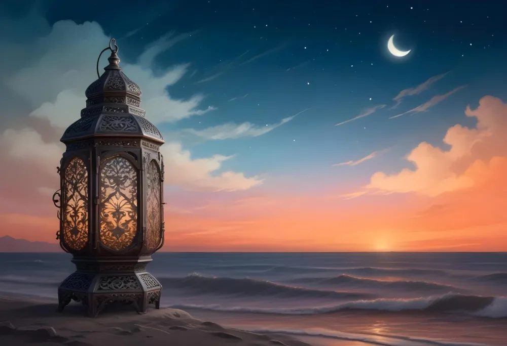 Digital Painting A Highly Detailed Ornate Metal Lantern With Intricate Carvings Set Against A Backdrop Of A Twilight Sky With A Crescent Moon Over The Ocean Bold And Slim Lines Brush Strokes 7 Df2d