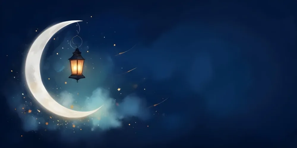 Digital Painting A Lantern Hanging From The Top Left Corner Over A Crescent Moon With Stars And Bokeh Lights On A Dark Blue Background Bold And Slim Lines Brush Strokes 10 E23c
