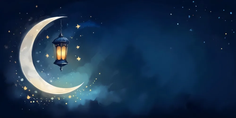 Digital Painting A Lantern Hanging From The Top Left Corner Over A Crescent Moon With Stars And Bokeh Lights On A Dark Blue Background Bold And Slim Lines Brush Strokes 15 7879