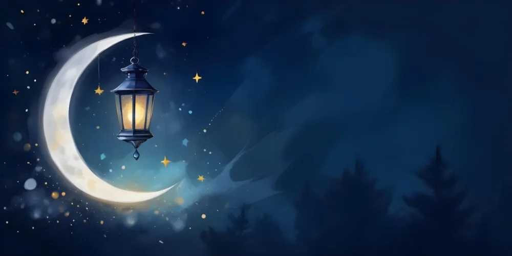 Digital Painting A Lantern Hanging From The Top Left Corner Over A Crescent Moon With Stars And Bokeh Lights On A Dark Blue Background Bold And Slim Lines Brush Strokes 16 00e3
