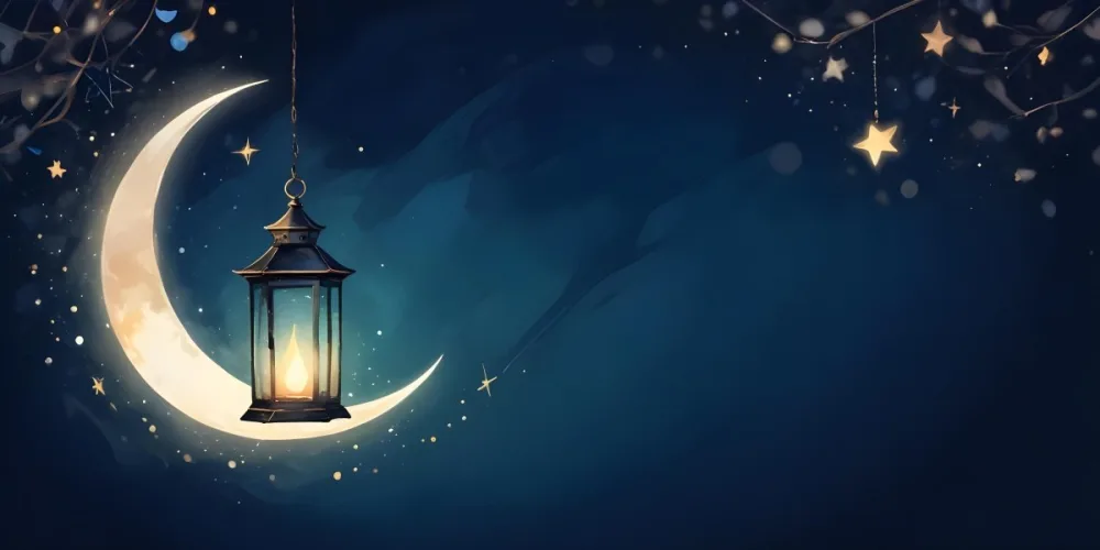 Digital Painting A Lantern Hanging From The Top Left Corner Over A Crescent Moon With Stars And Bokeh Lights On A Dark Blue Background Bold And Slim Lines Brush Strokes 2 5ee3