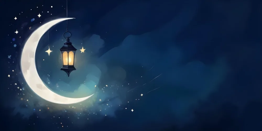 Digital Painting A Lantern Hanging From The Top Left Corner Over A Crescent Moon With Stars And Bokeh Lights On A Dark Blue Background Bold And Slim Lines Brush Strokes 24 37e5