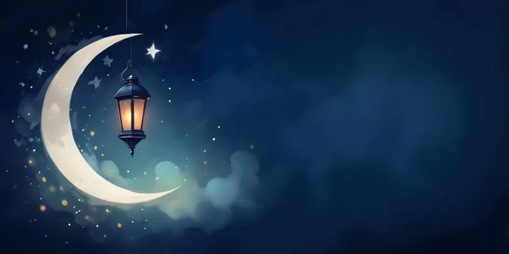 Digital Painting A Lantern Hanging From The Top Left Corner Over A Crescent Moon With Stars And Bokeh Lights On A Dark Blue Background Bold And Slim Lines Brush Strokes 25 Ea34