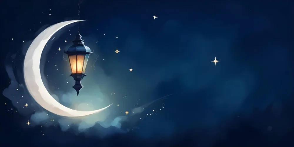 Digital Painting A Lantern Hanging From The Top Left Corner Over A Crescent Moon With Stars And Bokeh Lights On A Dark Blue Background Bold And Slim Lines Brush Strokes 28 62c8