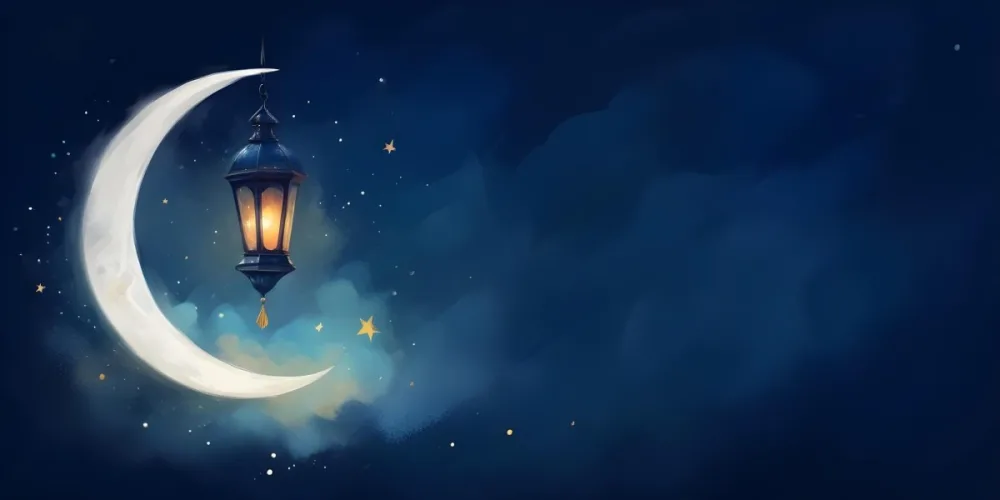 Digital Painting A Lantern Hanging From The Top Left Corner Over A Crescent Moon With Stars And Bokeh Lights On A Dark Blue Background Bold And Slim Lines Brush Strokes 29 B1fc