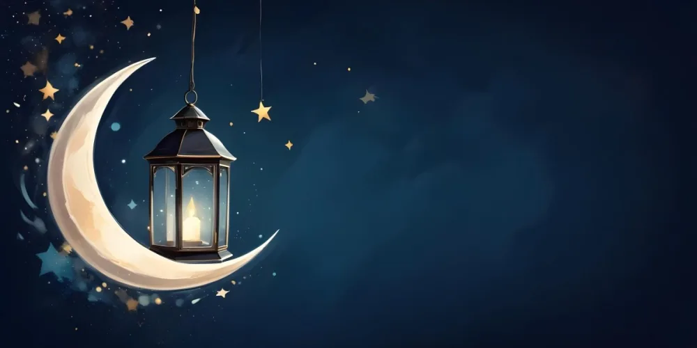 Digital Painting A Lantern Hanging From The Top Left Corner Over A Crescent Moon With Stars And Bokeh Lights On A Dark Blue Background Bold And Slim Lines Brush Strokes 3 Ebca