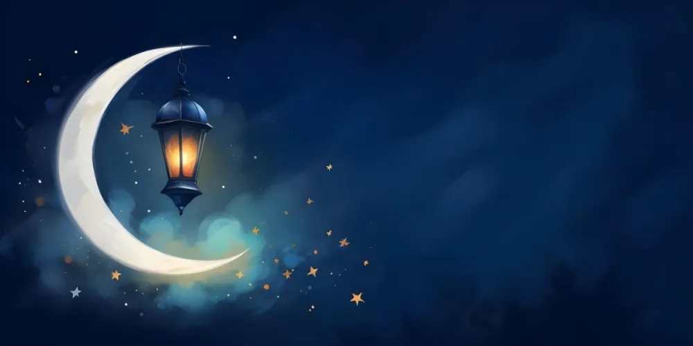 Digital Painting A Lantern Hanging From The Top Left Corner Over A Crescent Moon With Stars And Bokeh Lights On A Dark Blue Background Bold And Slim Lines Brush Strokes 31 2394