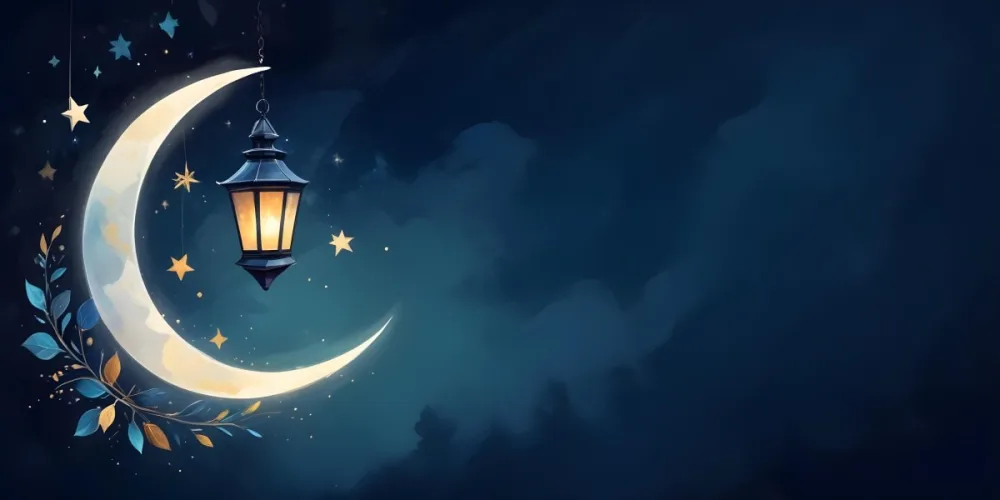 Digital Painting A Lantern Hanging From The Top Left Corner Over A Crescent Moon With Stars And Bokeh Lights On A Dark Blue Background Bold And Slim Lines Brush Strokes 32 2c8a