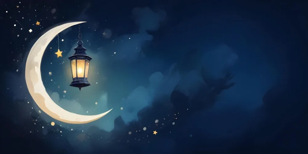 Digital Painting A Lantern Hanging From The Top Left Corner Over A Crescent Moon With Stars And Bokeh Lights On A Dark Blue Background Bold And Slim Lines Brush Strokes 33 36eb