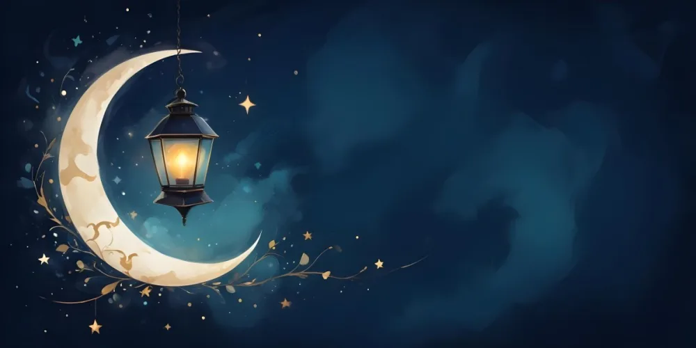 Digital Painting A Lantern Hanging From The Top Left Corner Over A Crescent Moon With Stars And Bokeh Lights On A Dark Blue Background Bold And Slim Lines Brush Strokes 34 106d