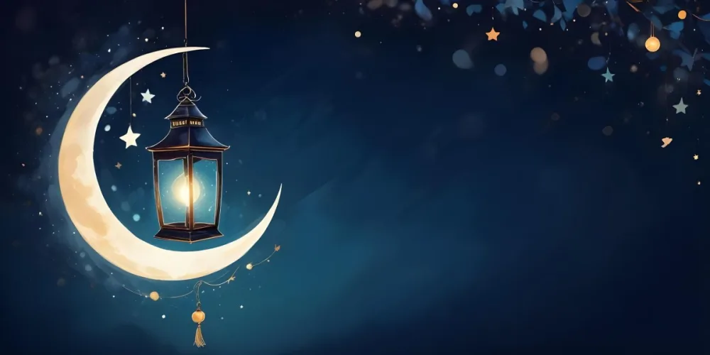 Digital Painting A Lantern Hanging From The Top Left Corner Over A Crescent Moon With Stars And Bokeh Lights On A Dark Blue Background Bold And Slim Lines Brush Strokes 4 B20e