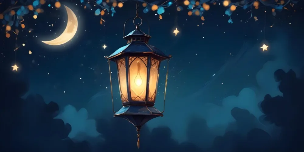 Digital Painting A Lantern Hanging From The Top Left Corner Over A Crescent Moon With Stars And Bokeh Lights On A Dark Blue Background Bold And Slim Lines Brush Strokes 5 Cbe5
