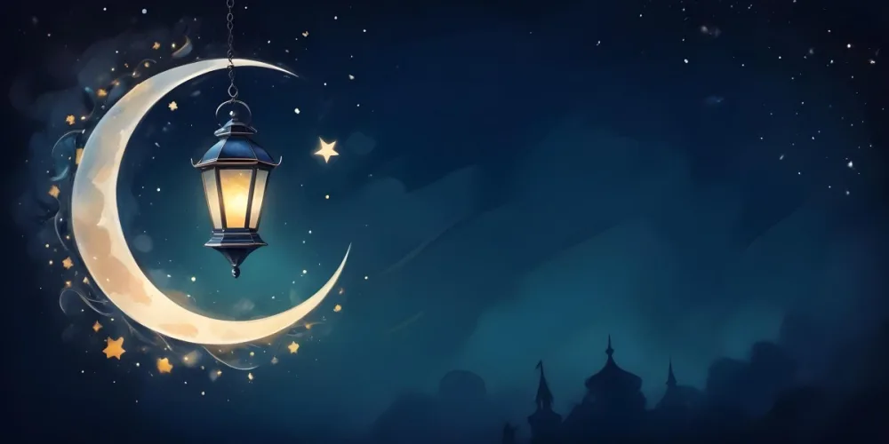 Digital Painting A Lantern Hanging From The Top Left Corner Over A Crescent Moon With Stars And Bokeh Lights On A Dark Blue Background Bold And Slim Lines Brush Strokes 6 2b78