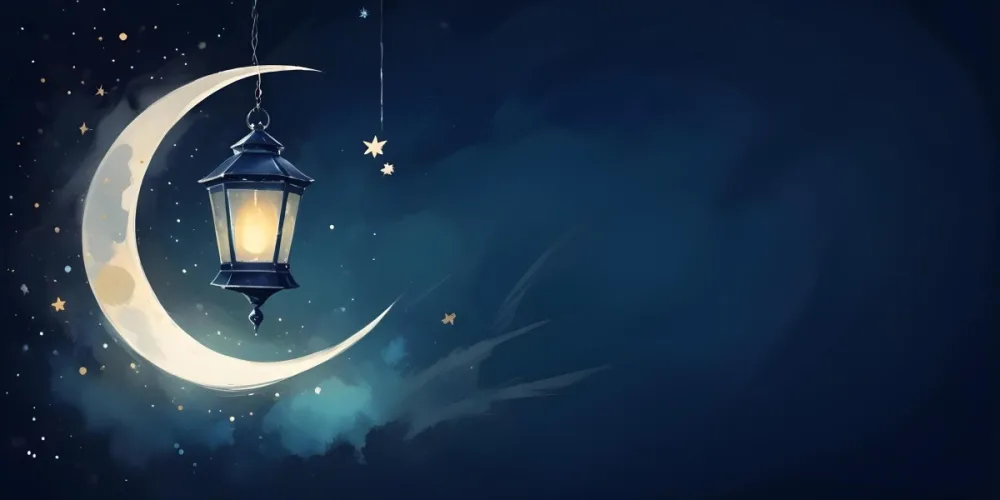 Digital Painting A Lantern Hanging From The Top Left Corner Over A Crescent Moon With Stars And Bokeh Lights On A Dark Blue Background Bold And Slim Lines Brush Strokes 7 6239