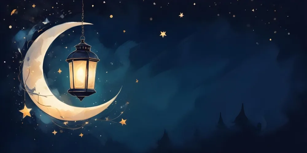 Digital Painting A Lantern Hanging From The Top Left Corner Over A Crescent Moon With Stars And Bokeh Lights On A Dark Blue Background Bold And Slim Lines Brush Strokes 9 Dfe9