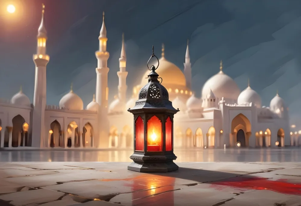 Digital Painting A Lantern On A Stone Surface A Mosque In The Background The Lantern Is White With Red And Yellow Glass The Mosque Is White And Blurred Bold And Slim Lines Brush Strokes 1 A3a6