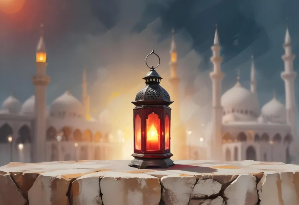 Digital Painting A Lantern On A Stone Surface A Mosque In The Background The Lantern Is White With Red And Yellow Glass The Mosque Is White And Blurred Bold And Slim Lines Brush Strokes 10 2875
