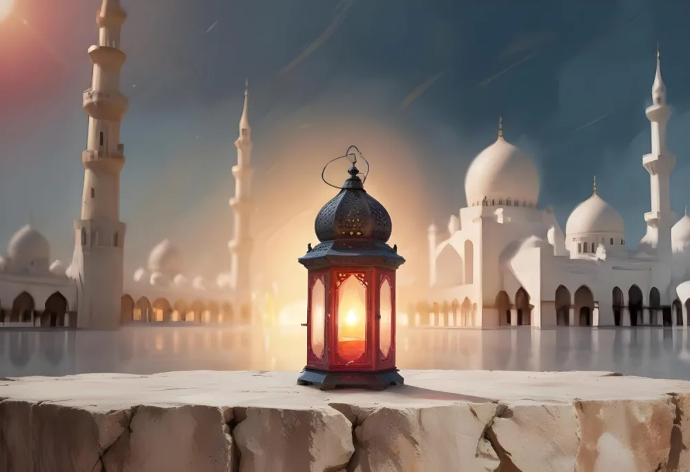 Digital Painting A Lantern On A Stone Surface A Mosque In The Background The Lantern Is White With Red And Yellow Glass The Mosque Is White And Blurred Bold And Slim Lines Brush Strokes 18 232b