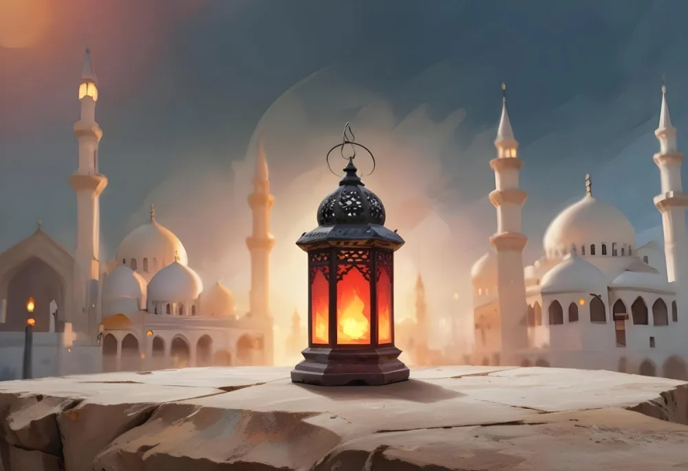 Digital Painting A Lantern On A Stone Surface A Mosque In The Background The Lantern Is White With Red And Yellow Glass The Mosque Is White And Blurred Bold And Slim Lines Brush Strokes 19 Dfed