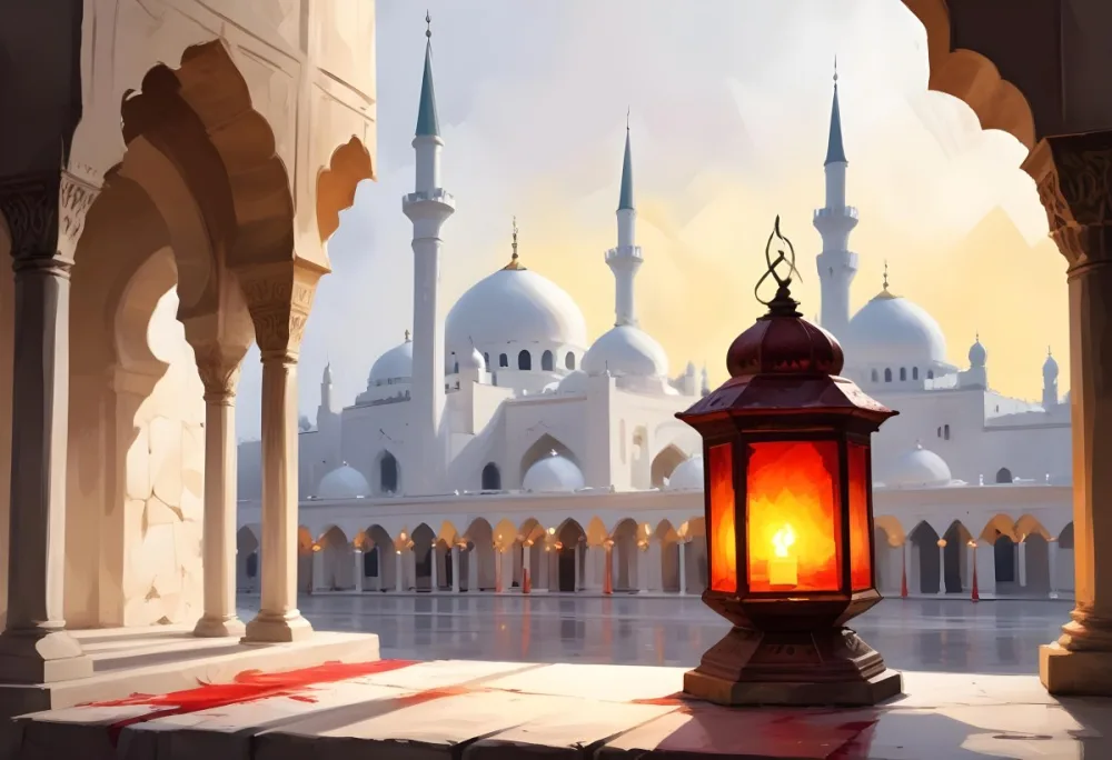 Digital Painting A Lantern On A Stone Surface A Mosque In The Background The Lantern Is White With Red And Yellow Glass The Mosque Is White And Blurred Bold And Slim Lines Brush Strokes 2 Aa88