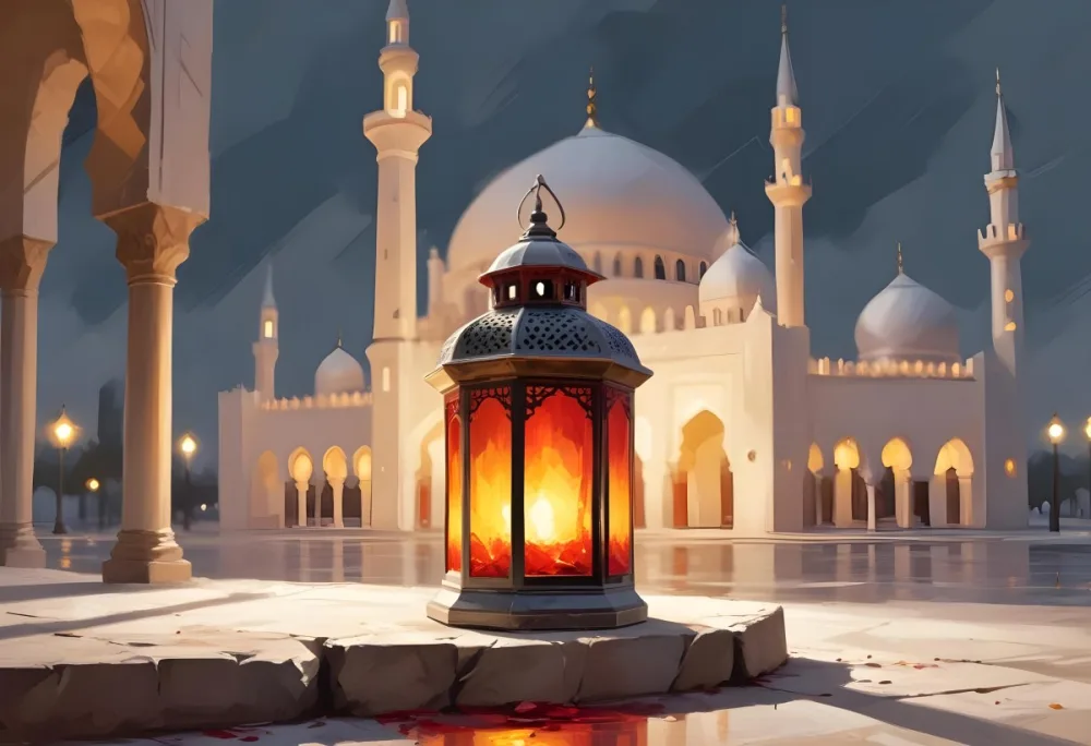 Digital Painting A Lantern On A Stone Surface A Mosque In The Background The Lantern Is White With Red And Yellow Glass The Mosque Is White And Blurred Bold And Slim Lines Brush Strokes 20 3da7