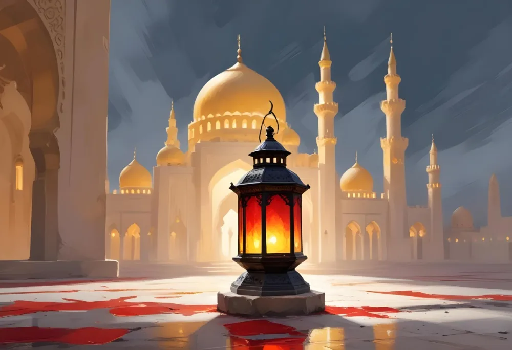 Digital Painting A Lantern On A Stone Surface A Mosque In The Background The Lantern Is White With Red And Yellow Glass The Mosque Is White And Blurred Bold And Slim Lines Brush Strokes 21 D2dd