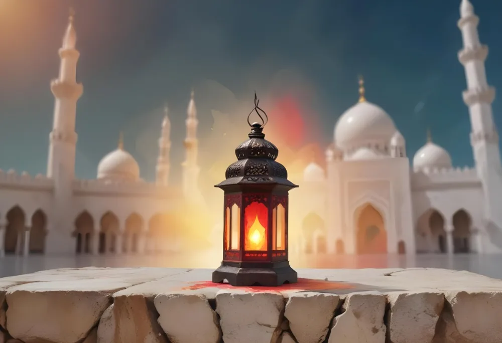 Digital Painting A Lantern On A Stone Surface A Mosque In The Background The Lantern Is White With Red And Yellow Glass The Mosque Is White And Blurred Bold And Slim Lines Brush Strokes 22 D414