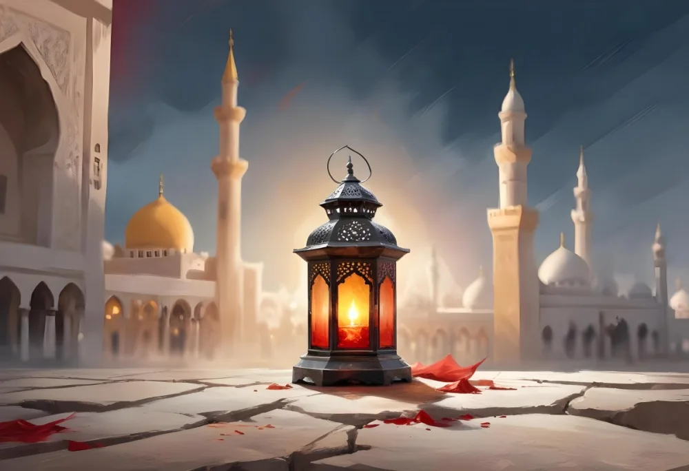 Digital Painting A Lantern On A Stone Surface A Mosque In The Background The Lantern Is White With Red And Yellow Glass The Mosque Is White And Blurred Bold And Slim Lines Brush Strokes 23 Fc21