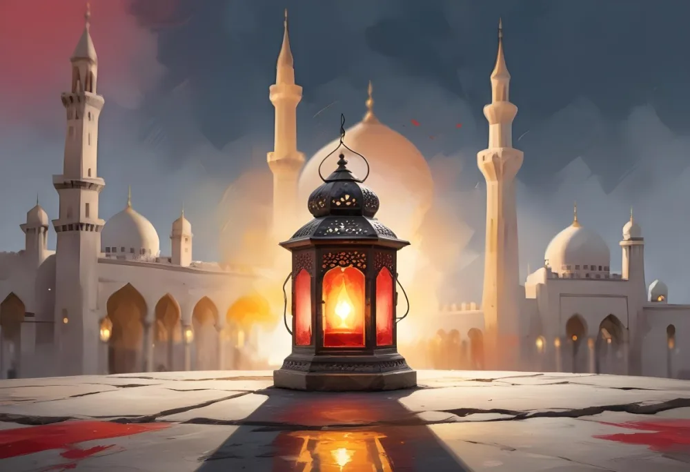 Digital Painting A Lantern On A Stone Surface A Mosque In The Background The Lantern Is White With Red And Yellow Glass The Mosque Is White And Blurred Bold And Slim Lines Brush Strokes 25 66dd