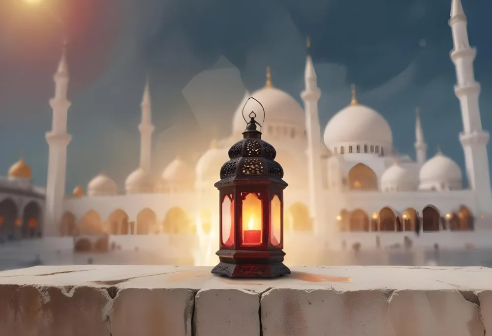 Digital Painting A Lantern On A Stone Surface A Mosque In The Background The Lantern Is White With Red And Yellow Glass The Mosque Is White And Blurred Bold And Slim Lines Brush Strokes 26 2026