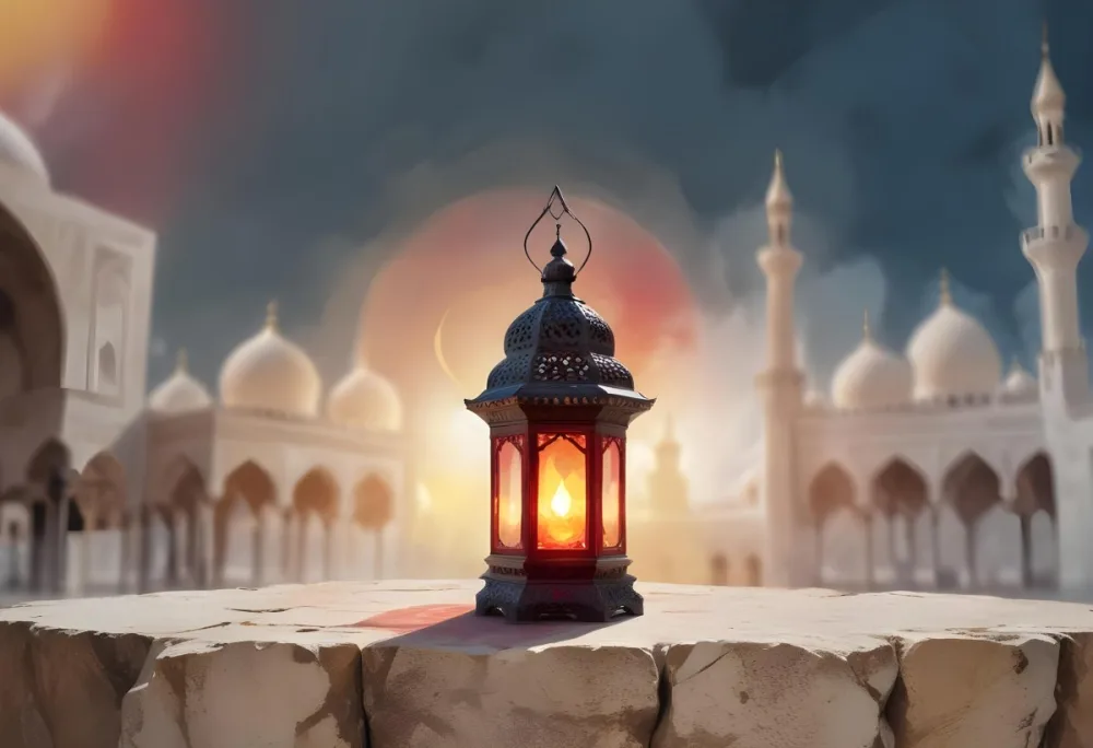 Digital Painting A Lantern On A Stone Surface A Mosque In The Background The Lantern Is White With Red And Yellow Glass The Mosque Is White And Blurred Bold And Slim Lines Brush Strokes 3 46cd
