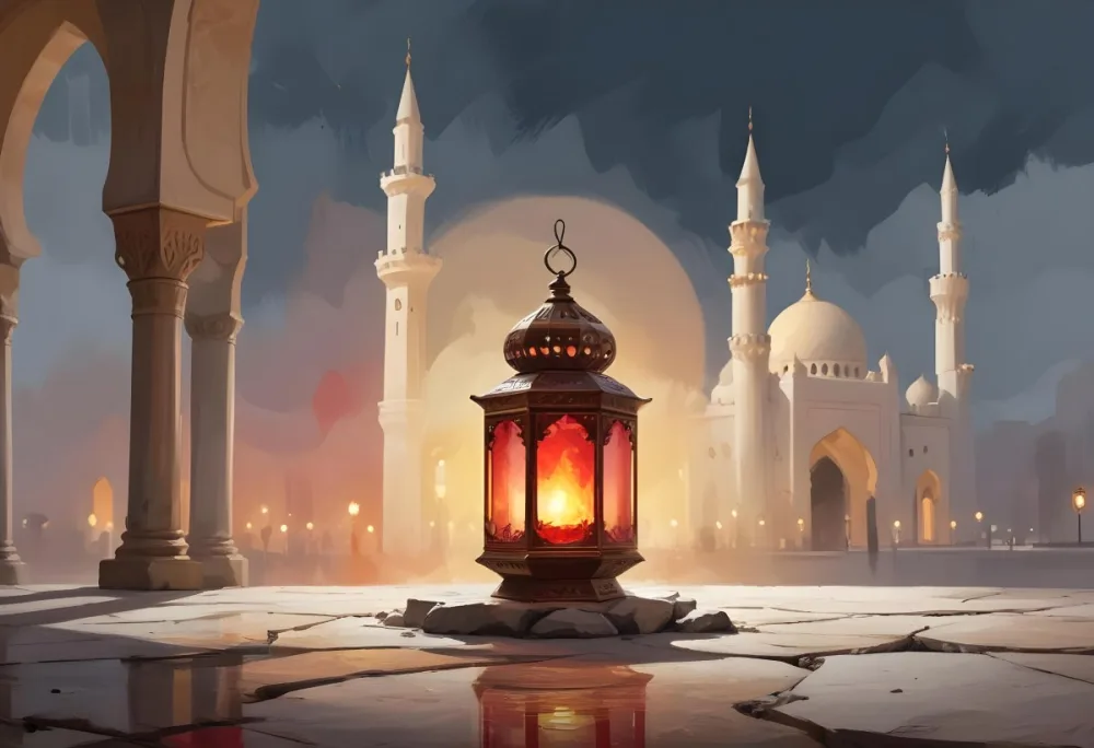 Digital Painting A Lantern On A Stone Surface A Mosque In The Background The Lantern Is White With Red And Yellow Glass The Mosque Is White And Blurred Bold And Slim Lines Brush Strokes 5 0459